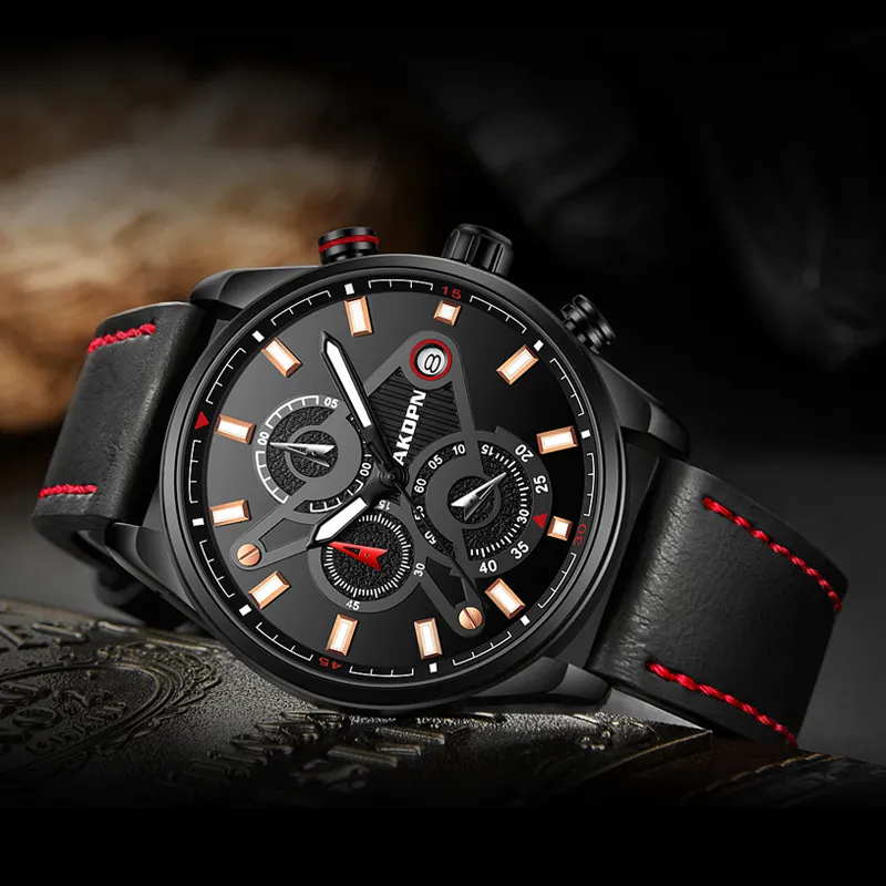 Relógio de pulso masculino de couro, relógio de pulso de couro da moda preto e de alta qualidade com visor duplo, multifuncional, novo e quente