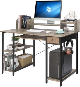 Home Office Writing Table Vintage Wood Storage Shelves <strong>Keyboard</strong> Tray Monitor Stand <strong>Computer</strong> Desk Study Table - Product Image 1