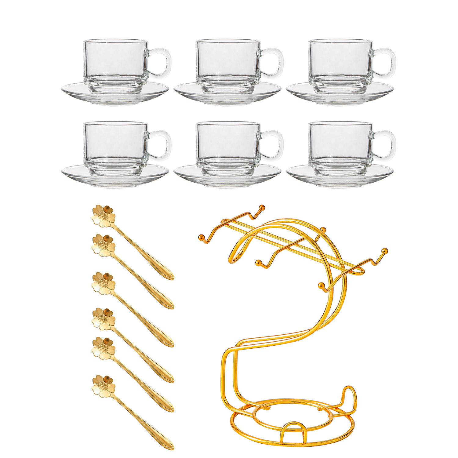Gobelets empilables transparents - 6 gobelets, 6 assiettes, 6 cuillères - Présentoir doré