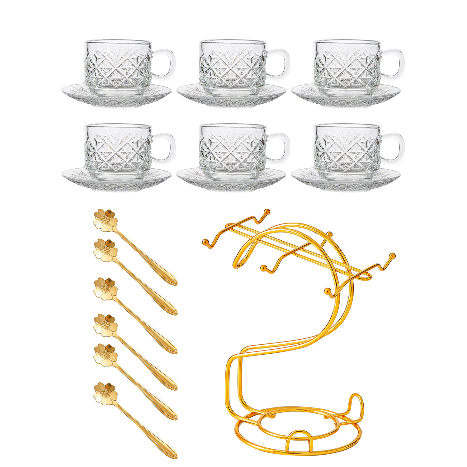 Tasses empilées-motif neige-6 tasses 6 assiettes 6 cuillères-cadre doré
