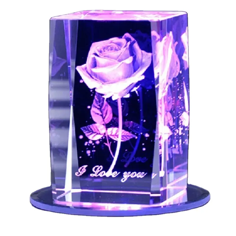 Lampu Kristal Led Kubus, Lampu Pernikahan Led Kubus Kristal Laser Mawar 3D Ukiran Kristal Kosong dengan Dasar Kristal Kubus