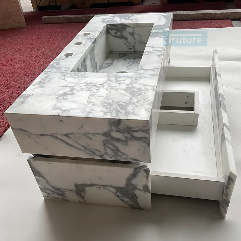 Nhà sang trọng bóng phòng tắm bồn rửa container đá cẩm thạch hình chữ nhật phòng tắm đá cẩm thạch tự nhiên Vanity lưu vực với ngăn kéo để rửa