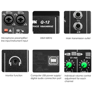 Interfaz de audio Tarjeta de sonido de grabación profesional 16bit/48kHz Mini interfaz de audio USB Tarjeta de sonido 2 entradas y 2 salidas con 48V Phantom - Product Image 4