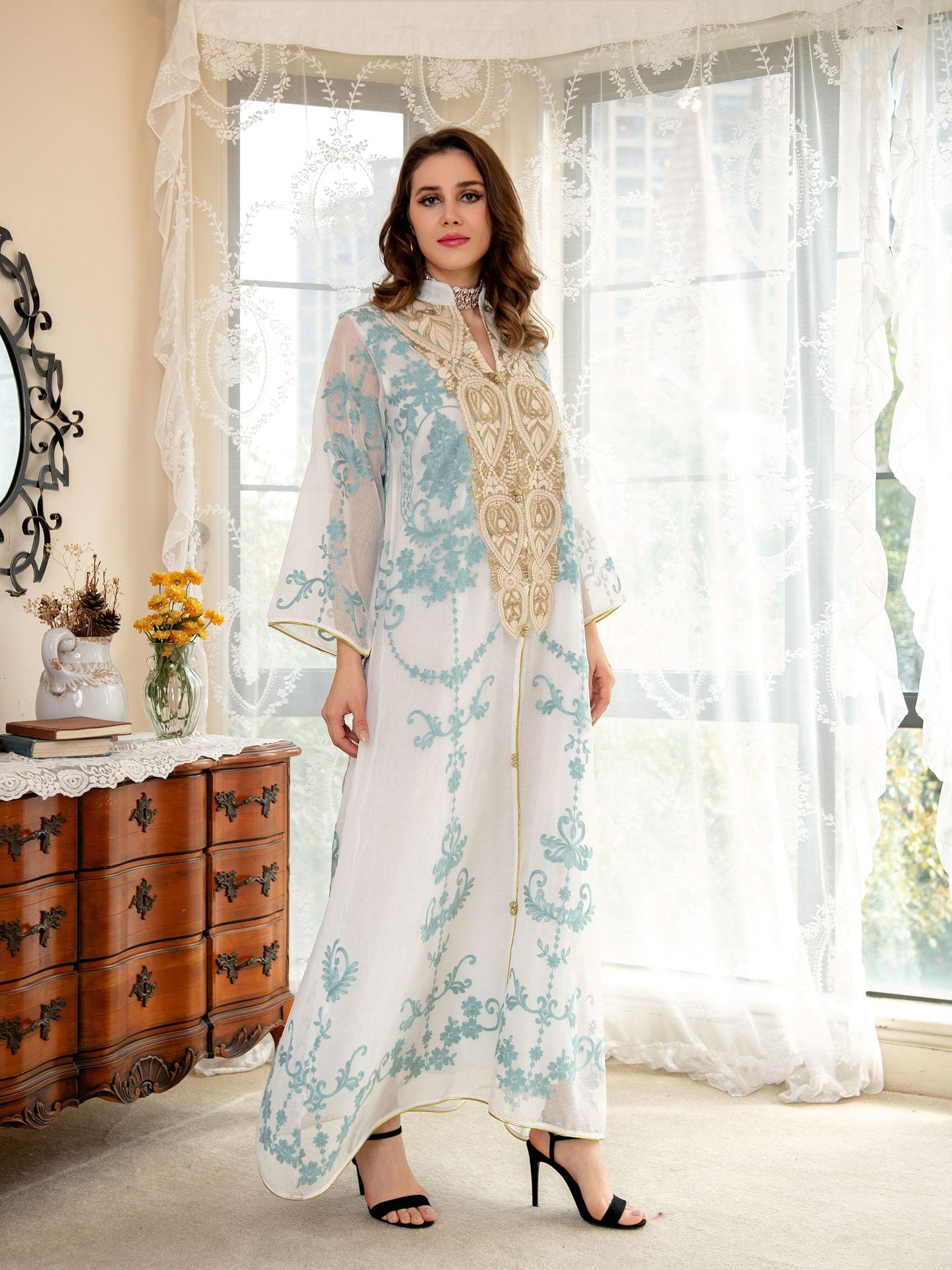 Dubai Arab Eid Al Fitr Middle East Gold Sequin Floral Embroidered Muslim Woman White Yarn Jalabiya Maxi Long Knee Length Dress