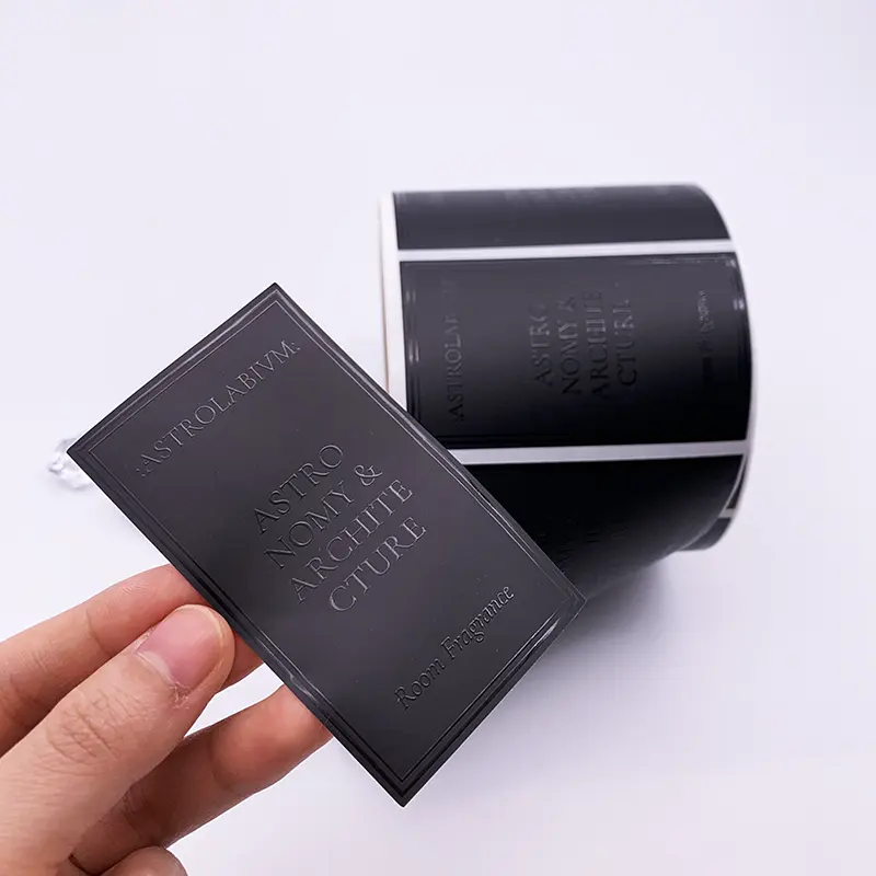 Etiqueta Adhesiva personalizada para botella de Perfume, etiqueta de papel negro con logotipo en relieve, sin cantidad mínima de pedido