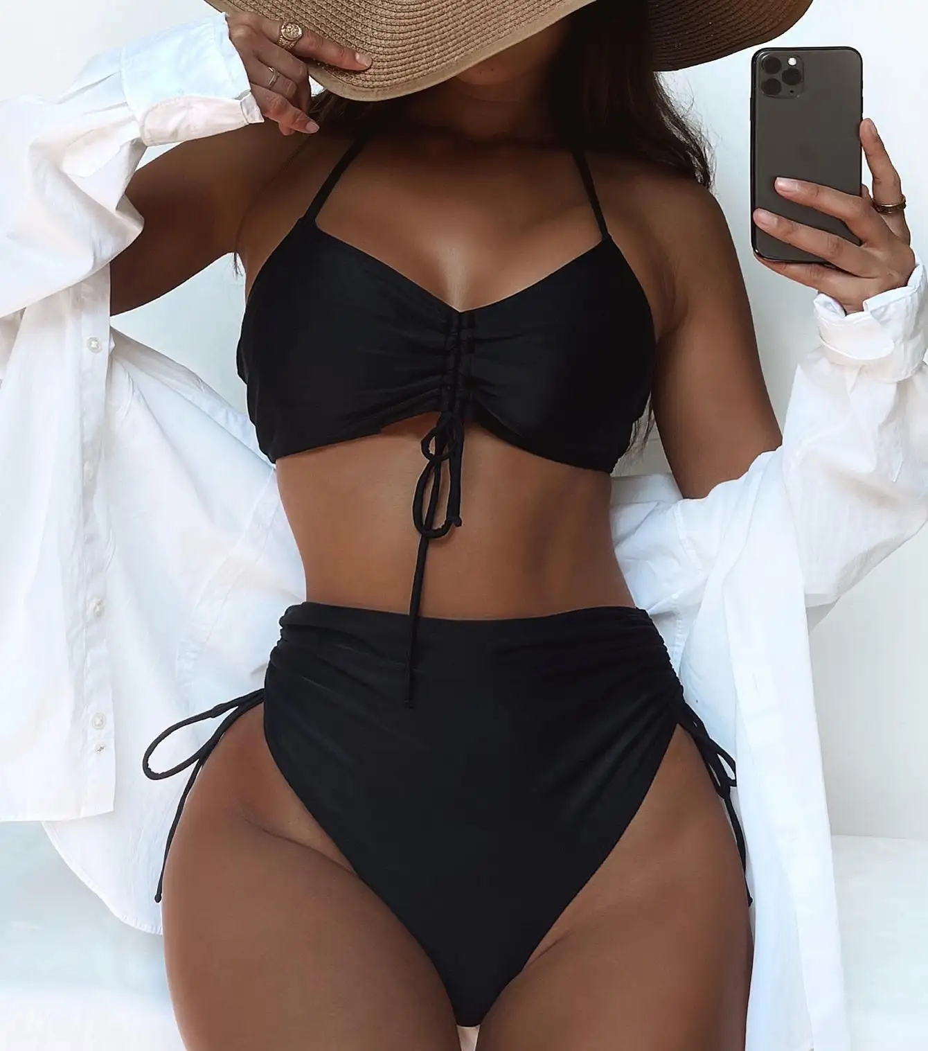 Bikini con cordón negro para mujer, ropa de playa, conjunto de Bikini para mujer