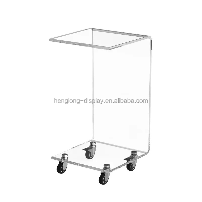 Estante de almacenamiento giratorio de plástico, mesa de sofá móvil Simple, mesa de centro acrílica transparente con ruedas