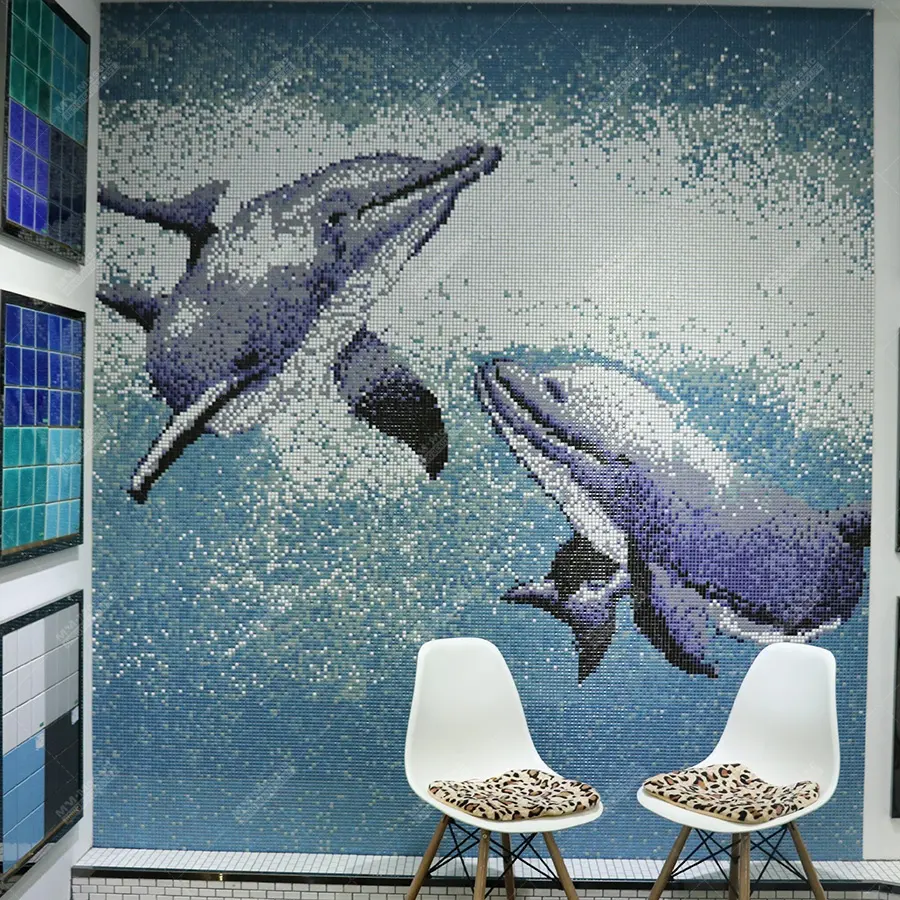 Heißer verkauf benutzerdefinierte pool kunstwand keramik schwimmbad fliesen delphin-mosaik muster