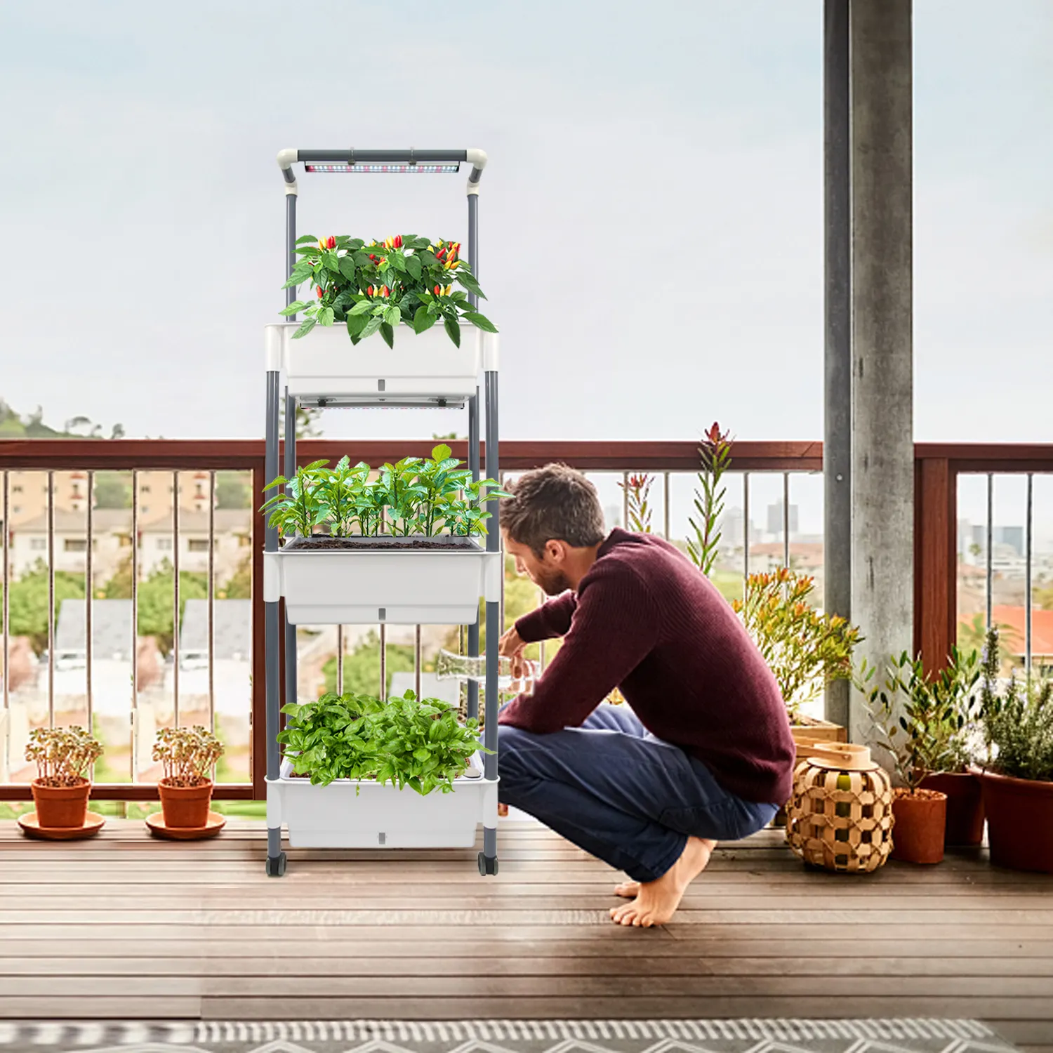 Macetas grandes de 3 niveles, soportes de luces agrícolas verticales para interiores, Kit de cultivo de plantas, torre de jardín para floración de verduras