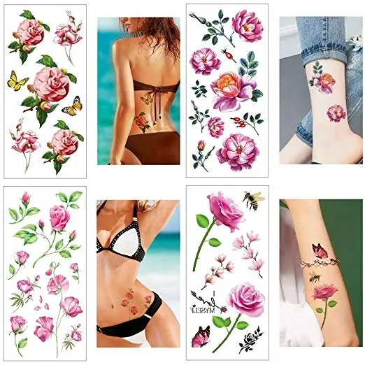 Tatouages temporaires pour femmes corps Art autocollants Rose fleur papillon tatouages fournitures bricolage belles décorations décalcomanie étanche