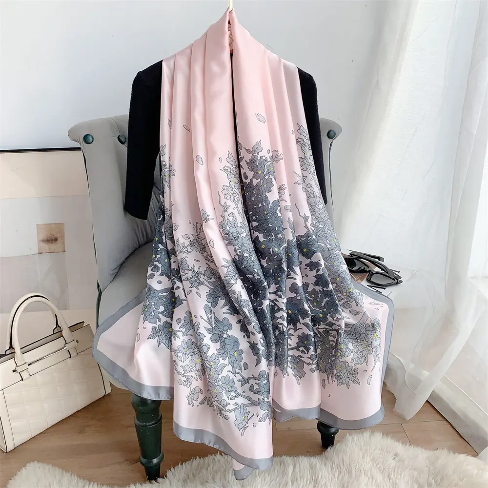 Wholesale 2024 Woman Silk Scarf Custom Design Printed Headscarf Satin Shawls Foulard Hijab Scarves for Women
