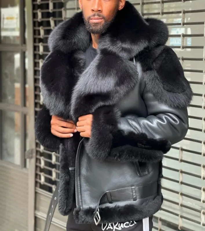 Manteau d'hiver épais en cuir pour hommes, nouveau manteau chaud noir avec grand col en fourrure
