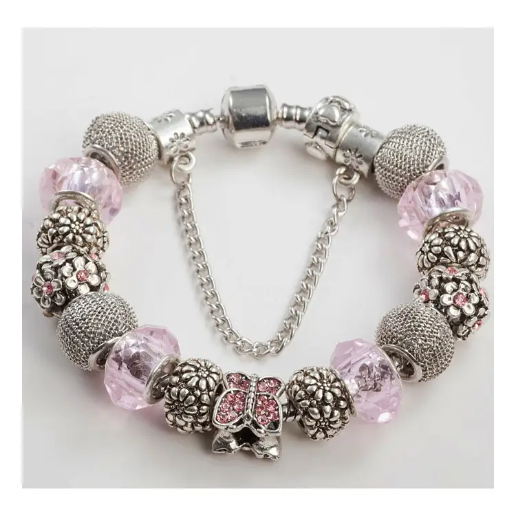 Braccialetto di perline di cristallo rosa con foro grande serie di gioielli con perline con ciondoli a farfalla bracciali con perline per le donne