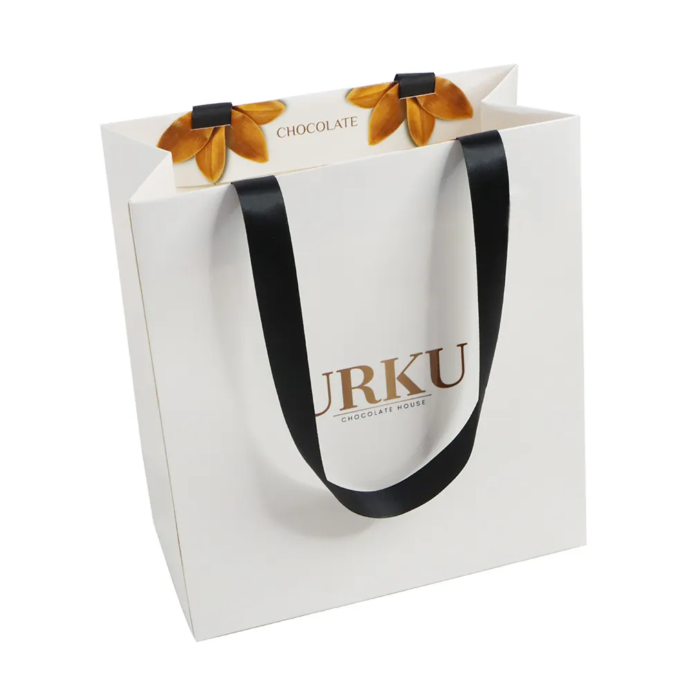 Bolsa de papel blanca personalizada, ropa plegable, diseño de hojas cosméticas, bolsa de compras con asa de cinta