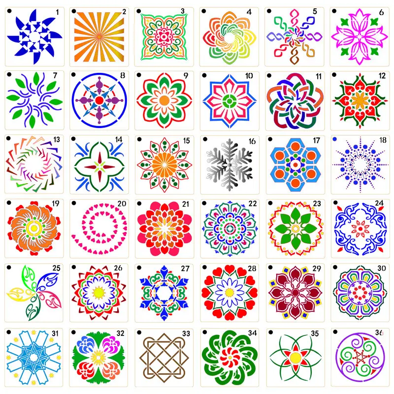 Plantilla de plástico con estampado de Mandala para pintura de pared, plantilla auxiliar de plástico de 9x9cm para pintura en roca, flores ahuecadas