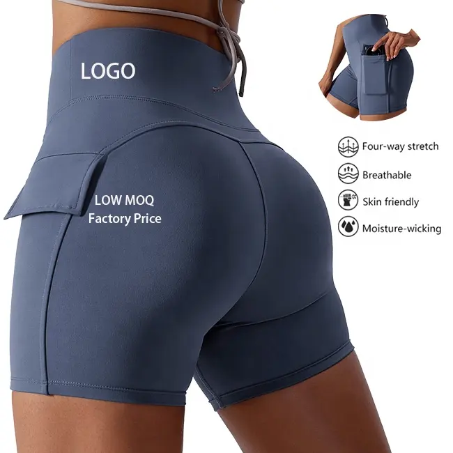 Lycra Soft Yoga Shorts com Bolso Shorts Apertados Mulheres Cintura Alta Quick Dry Running Fitness Leggings Curtos Mulheres