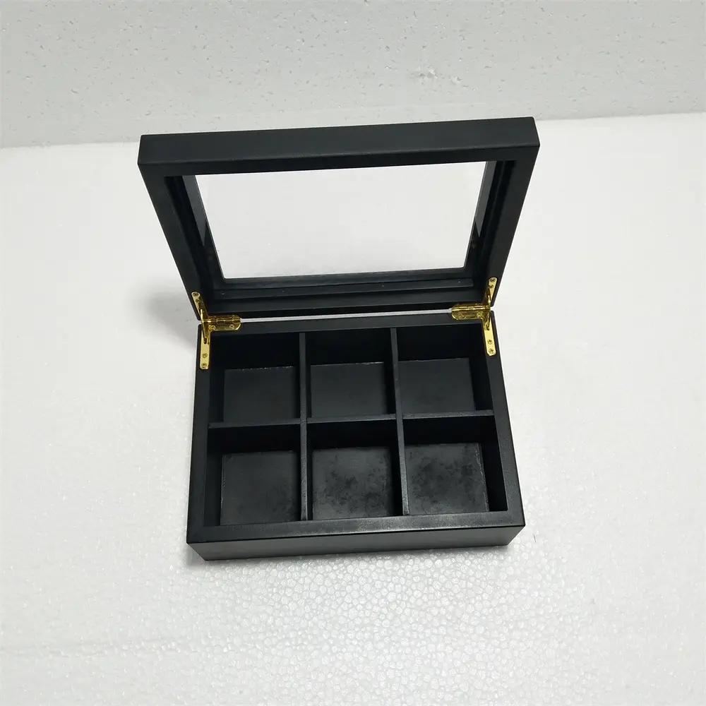 Boîte à thé en bois à 6 compartiments noir mat avec fenêtre transparente artisanale