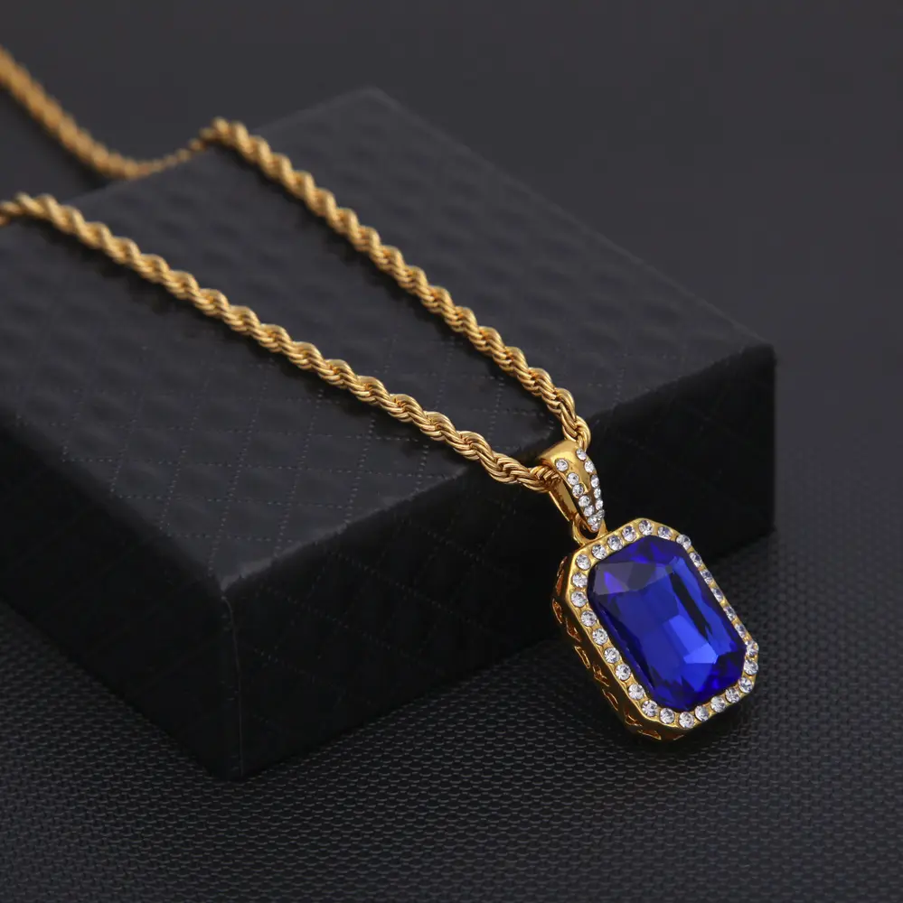 Hip Hop Luxury Jewelry Paved Multicolor Crystal Iced Out Square Ruby Gemstone Pendant Necklace