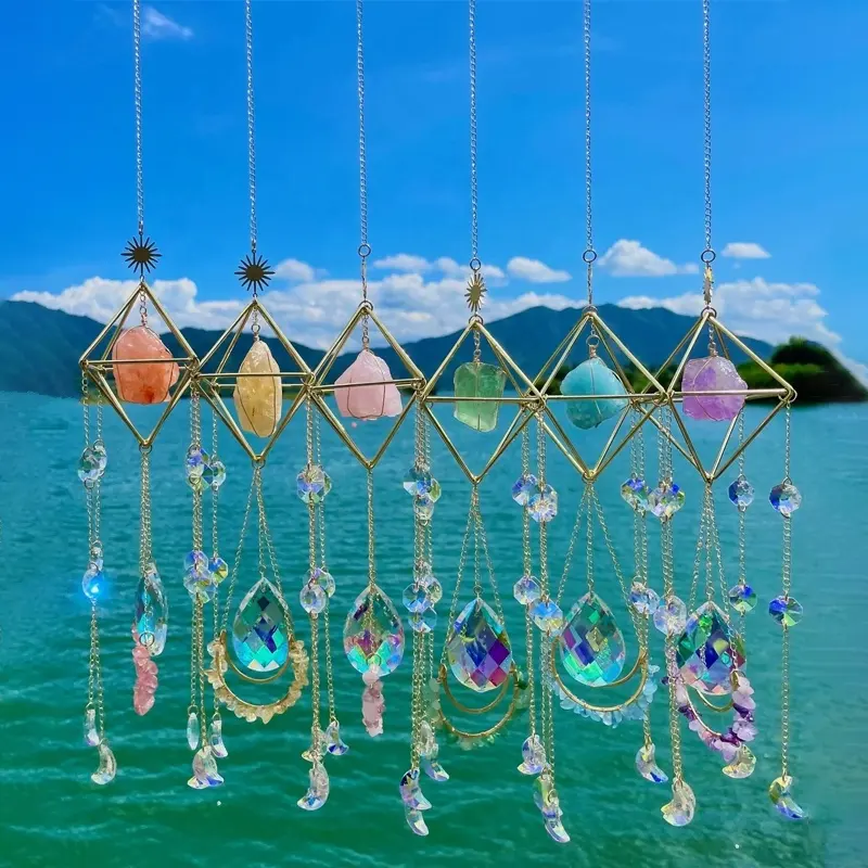 Raw Crystal Quartz Stone Hanger Gebrandschilderd Glas Zon Catcher Healing Crystal Opknoping Voor Venster