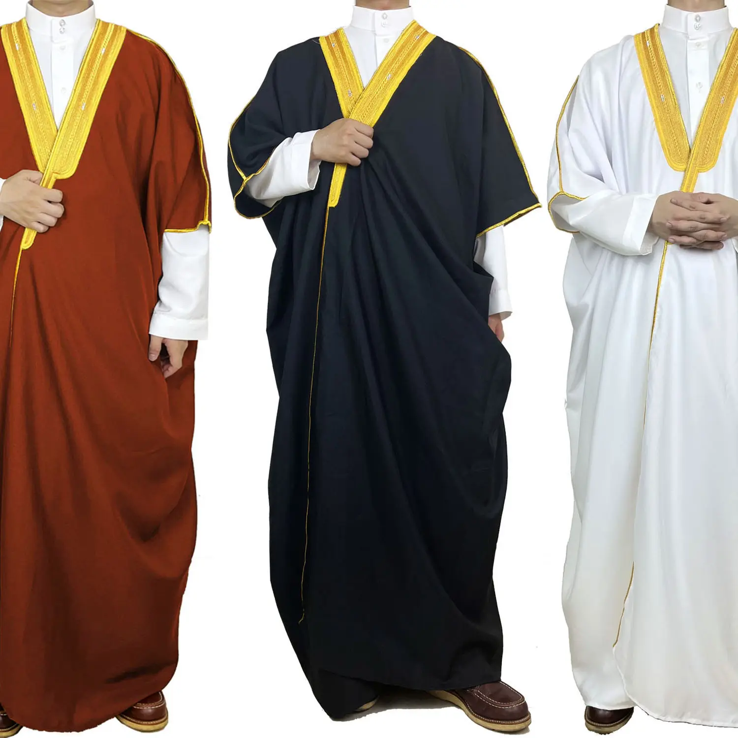 Abbigliamento islamico ricamato arabico Mens Kurta pigiama Thobe Abaya Bisht musulmano Jubbah discorso scapolo