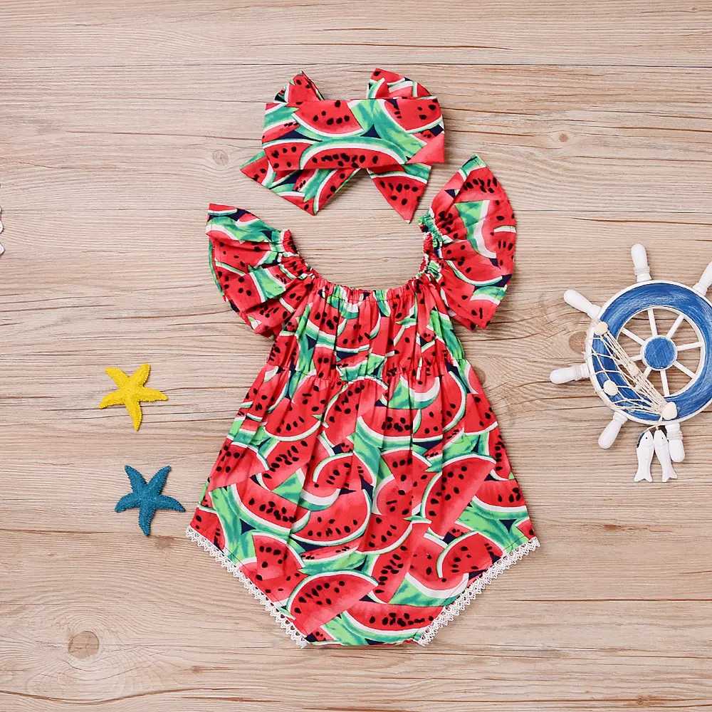 Yenidoğan bebek kız karpuz baskı Romper tulum + kafa kıyafetler Set özelleştirilmiş sevimli pamuk Romper yaz giyim