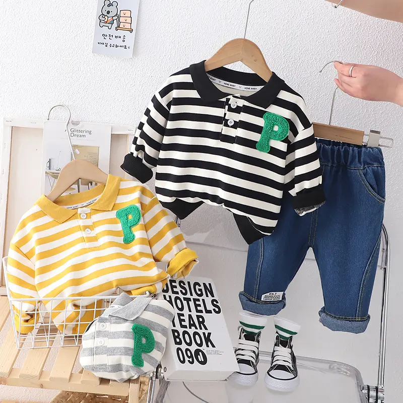 Boys autumn suit 2023 new foreign style baby children's clothes one-year-old baby striped letter Polo two-piece set