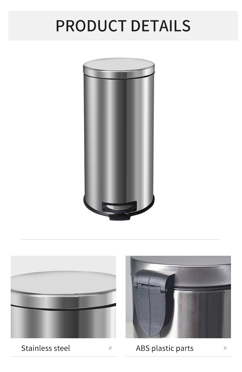 30L Big Stainless Steel Dustbin Trash Can Garbage Waste Bin Bucket Kitchen Hotel
