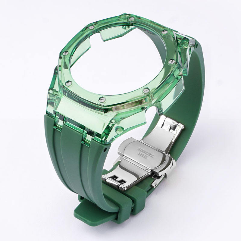 Bracelet vert militaire + Boîtier vert émeraude + Boucle papillon argentée