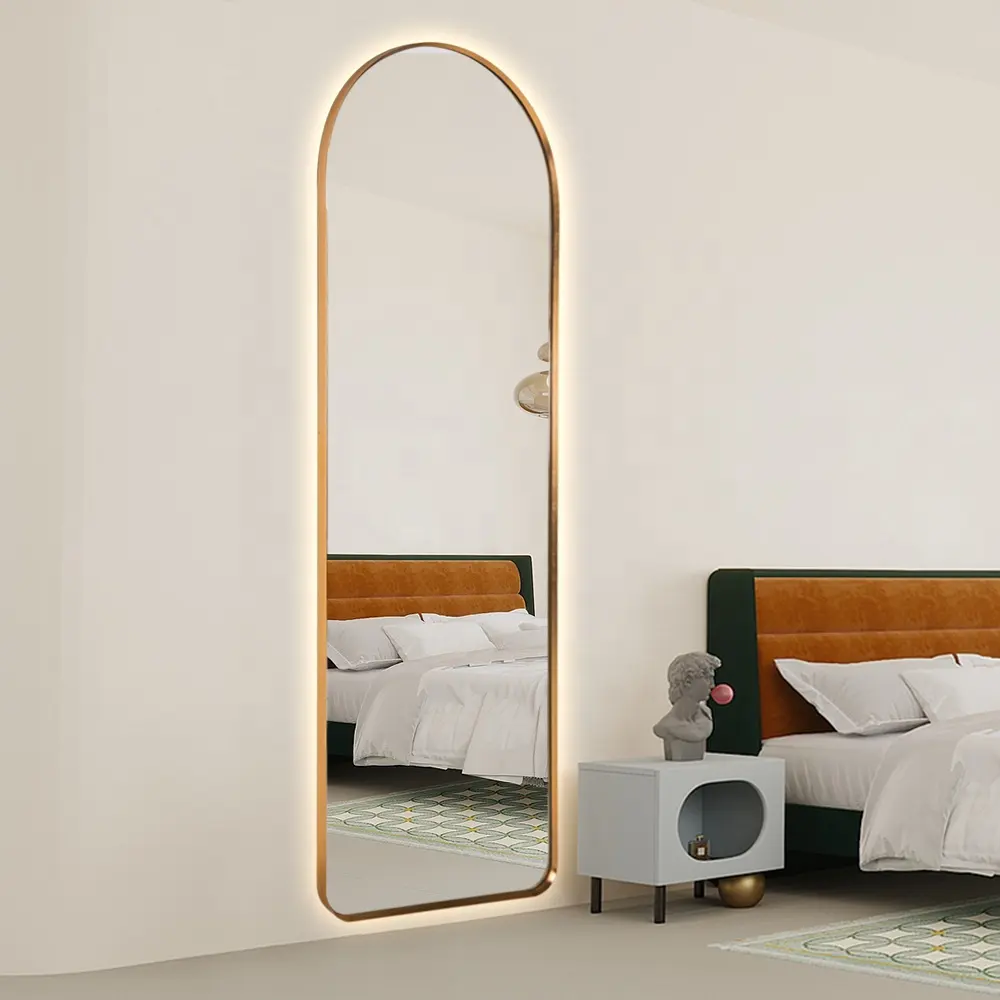 Miroir mural de Salon, design personnalisé, cadre en aluminium doré, miroir d'arc led, miroir lumineux pleine longueur pour salle de bain