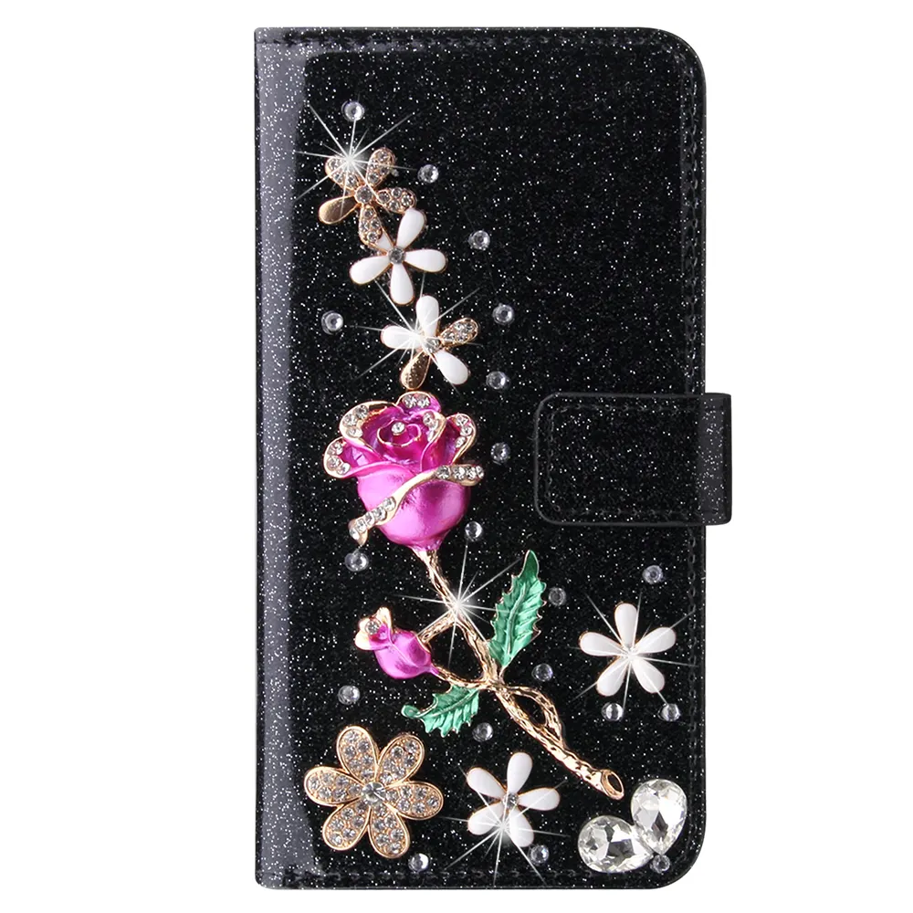 Portemonnaie-Hülle für Apple iPhone 5 6 7 8 XS XR 11 12 13 14 15 Pro Max Samsung Galaxy S23 Plus S24+ elegante Rose Diamond Flip Case