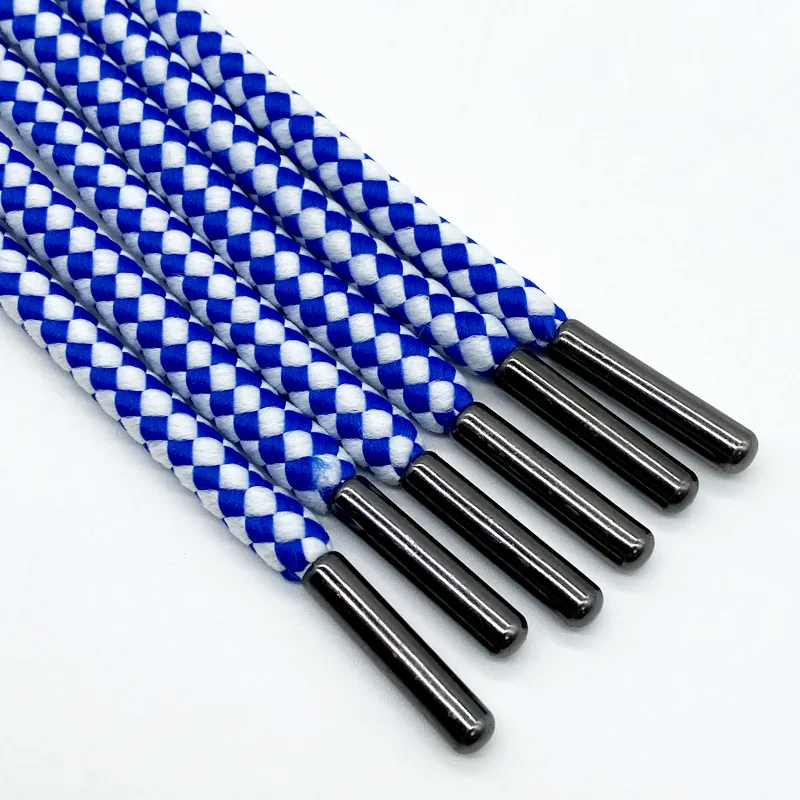 Fábrica personalizado 5mm azul e branco jacquard poliéster grosso puxar corda rodada hoodie puxar corda personalizado dicas cordão