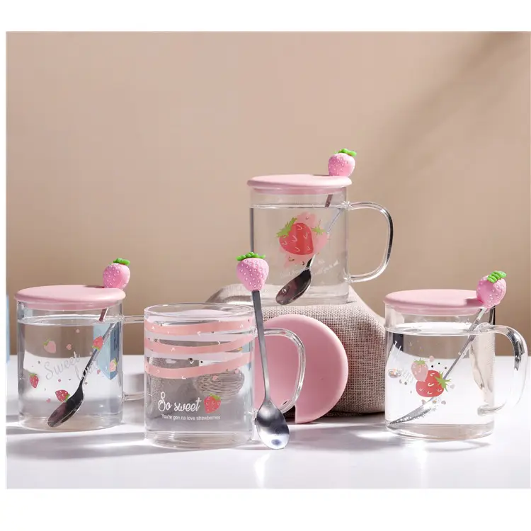 Ensemble de tasse à café transparente en verre et couvercle en céramique, outil pour boire des fraises, idée cadeaux, joli, 12 pièces, 475ML