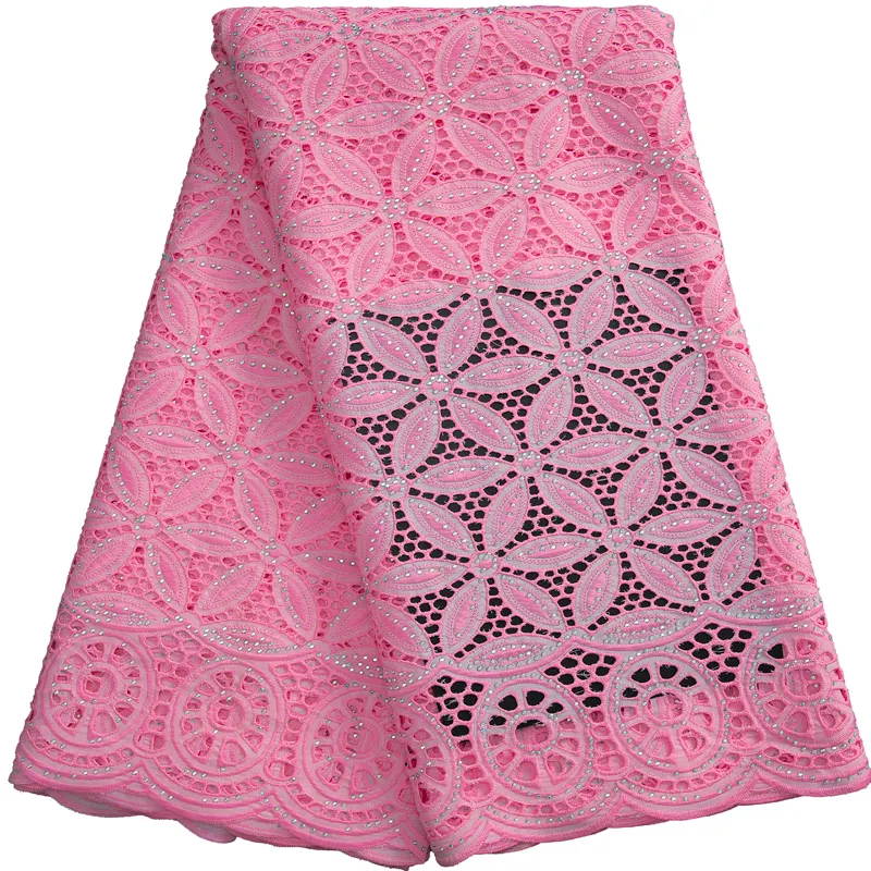 Tela de encaje bordado de algodón africano para mujer, encaje suizo rosa de alta calidad con piedras para coser vestidos de fiesta de boda, novedad de 3254