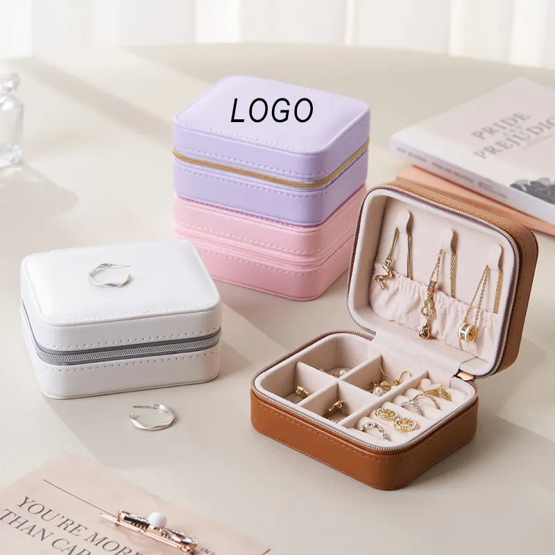 Caixa de joias com zíper para presente, organizador de joias em veludo, caixa pequena de couro pu para viagem, logotipo personalizado branco roxo rosa