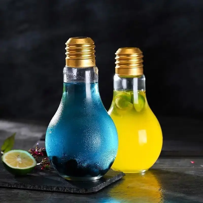 Trasparente unico personalizzato vetro vuoto 250ml/300ml/400ml/500ml succo di frutta bevande bottiglie di vino lampadina bottiglia per bar bevanda