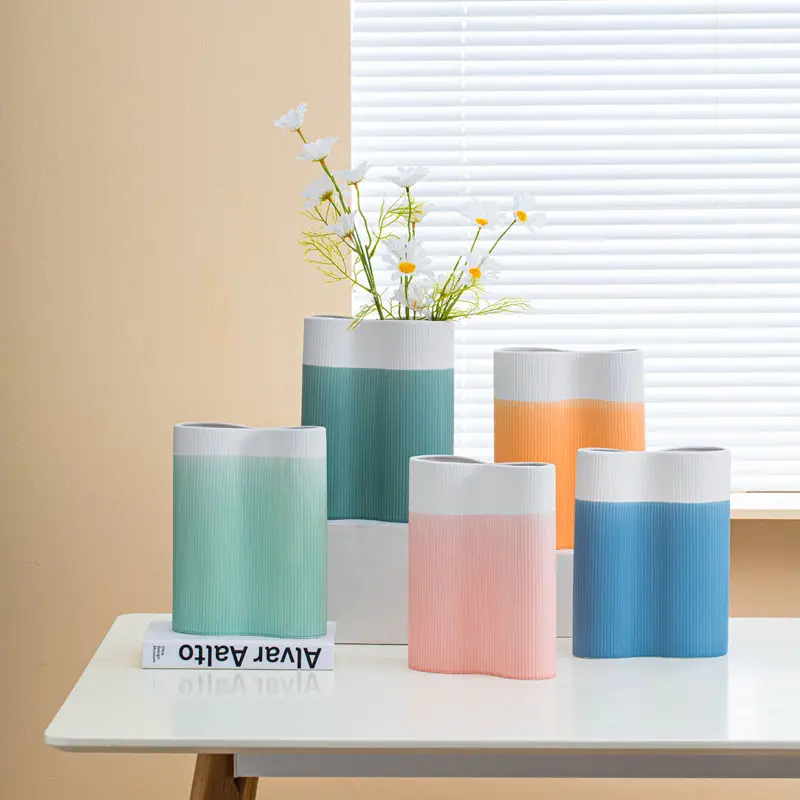 Jarrón de cerámica minimalista para decoración del hogar, jarrón moderno de lujo a rayas de color, planta de costura
