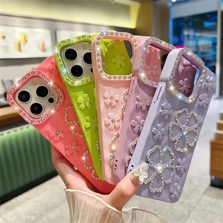 Hot selling single gradual change color flower diamond rhinestone phone cases for iphones 15 14 13 12 pro max tpu phone cover
