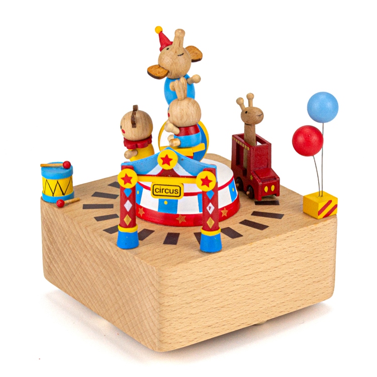 52705801 Marrón - Caja de música de madera con temática de circo y coche que se mueve.