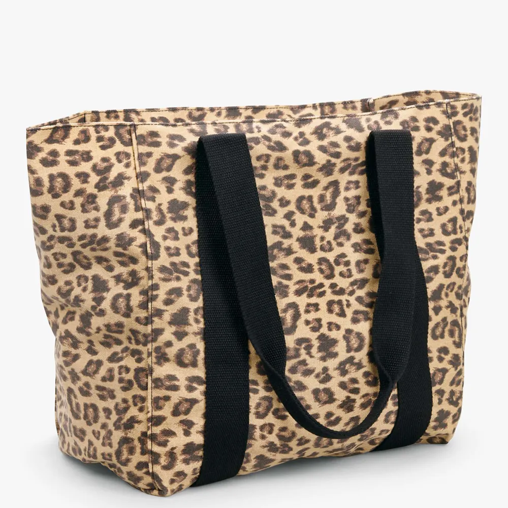 Özel büyük kapasiteli İç fermuar Pocket ile rahat omuz yeniden bakkal alışveriş çantası pamuklu kahverengi leopar Tote çanta