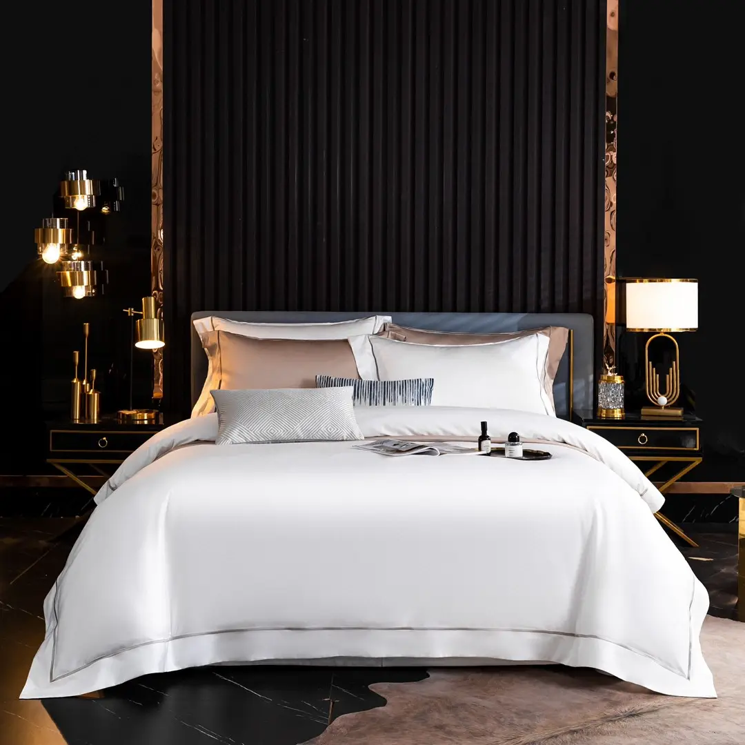 Wholesale luxury 4pcs solid color design 1200 tc cotton white duvet cover and flat sheet with two pillowcases bedding set