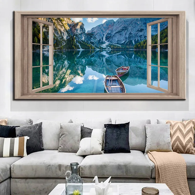 Cuadro de ventana de montañas y agua, imágenes de pared con imágenes impresas en lienzo, pintura al óleo para decoración del hogar