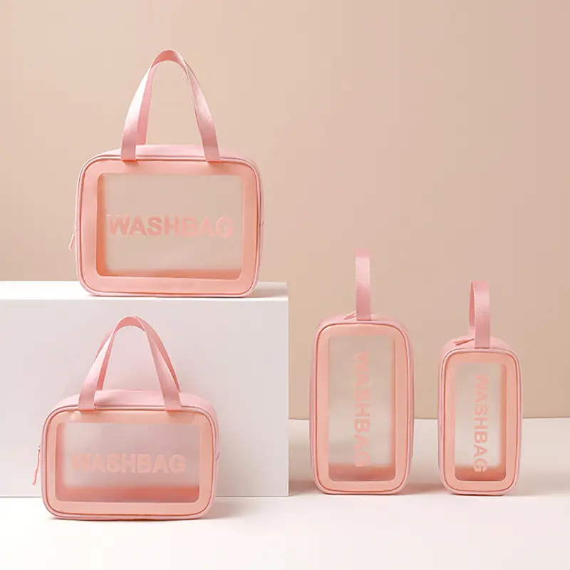 Bolsa de cosméticos transparente de Pu con logotipo personalizado, bolsa de baño impermeable de gran capacidad, bajo pedido mínimo