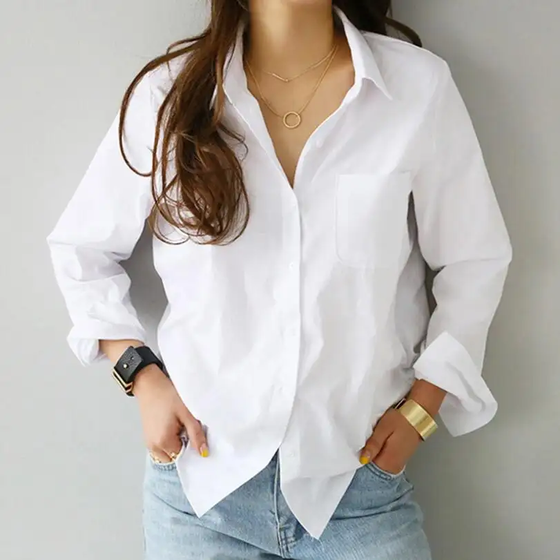 Blusa informal holgada de manga larga con cuello vuelto para Primavera, camisa blanca para mujer, estilo Oficina, Y12651