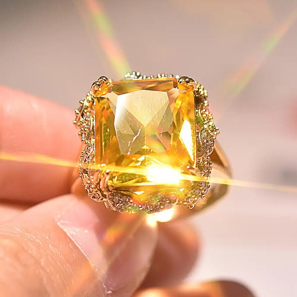 Anel de zircônia, anel de cristal de noivado, moda, casamento, champanhe, quadrado, diamante, europa e américa, banhado a ouro, anel dois tons