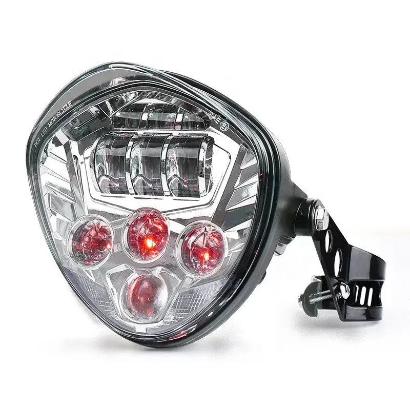 OVOVS Attached Bracket Clamp Motorcycle Headlight With DRL Chrome Bezel 7 Inch Headlight For Honda Suzuki Yamaha