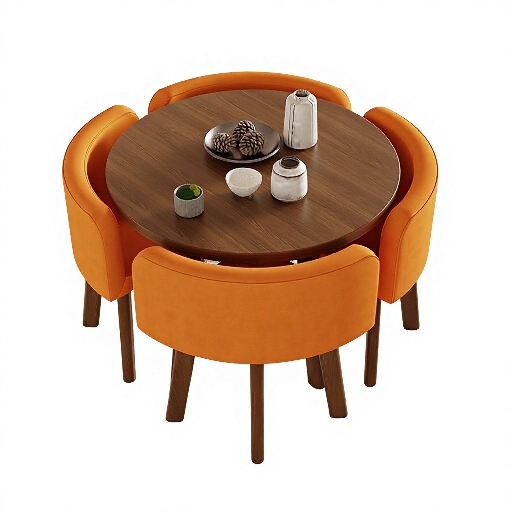 80cm walnut pattern round table + 4 orange fabric chairs