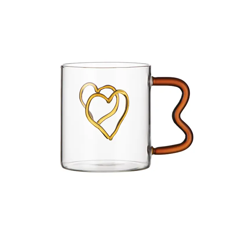 Taza de cristal creativa al por mayor con diseño de corazón taza de cristal de calidad alimentaria soplada a mano con asa taza de café
