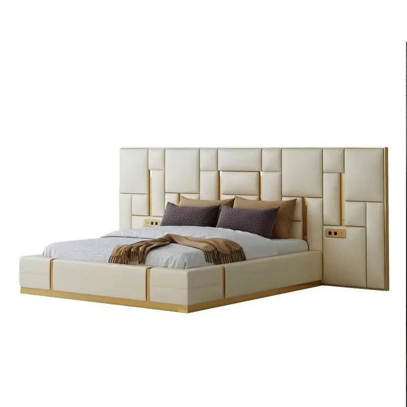 Camas con patas de metal modernas de lujo, marco de cama tamaño king Queen, muebles de dormitorio inteligentes de cuero de madera, juego de otras camas de hotel