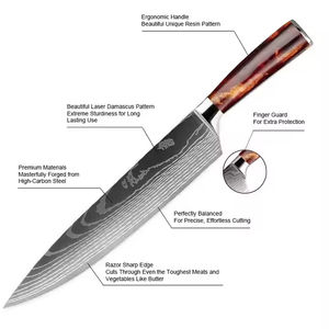 Japón Damasco 10 piezas 5CR14 Acero inoxidable grabado Chef mango de resina cuchillo juego de cuchillos de cocina japoneses - Product Image 3