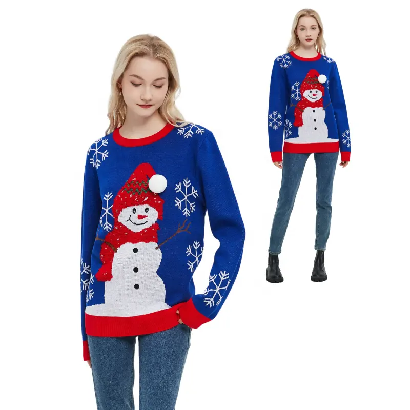 かわいいクリスマススノーマンプルオーバーセーター、ラウンドOネックウォームソフトマシン刺繍ニット厚冬OEM